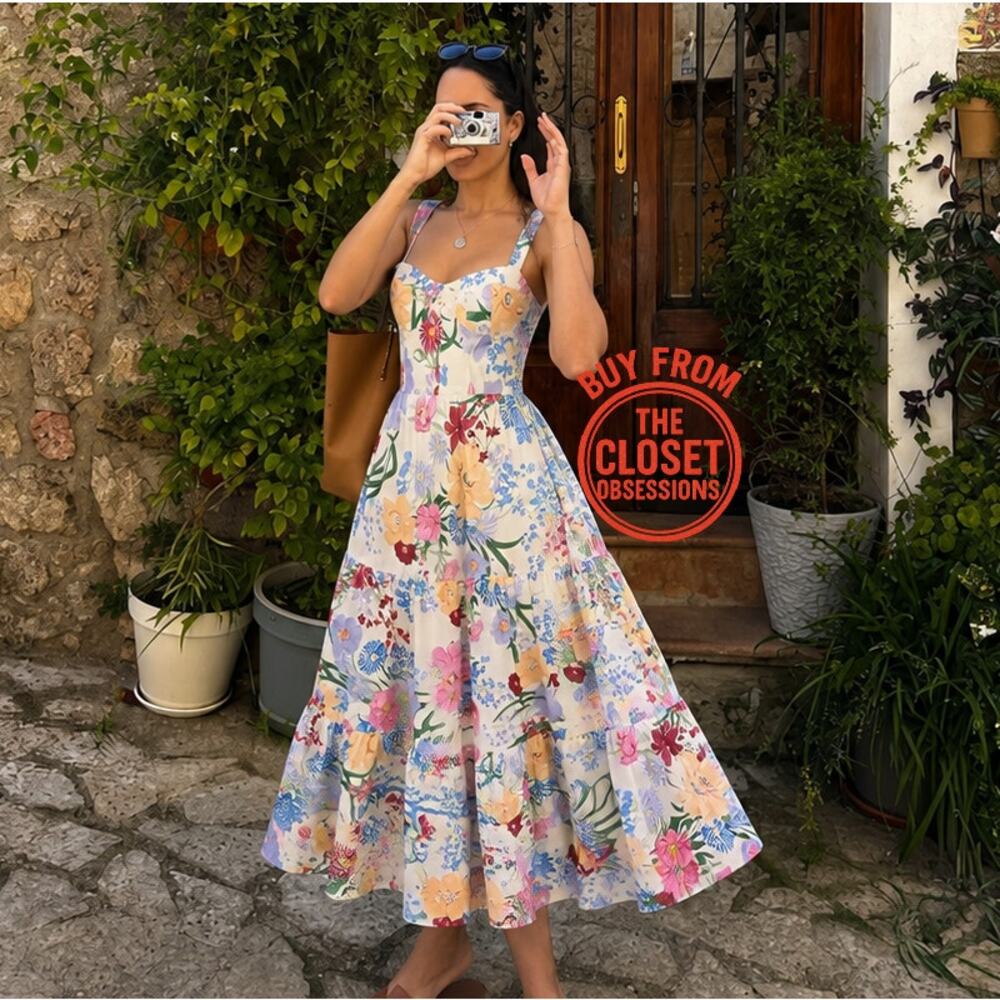 Zara NWT Floral Cotton Midi Dress Sold Out Blogger Favorite Vacation M L - Picture 2 of 16